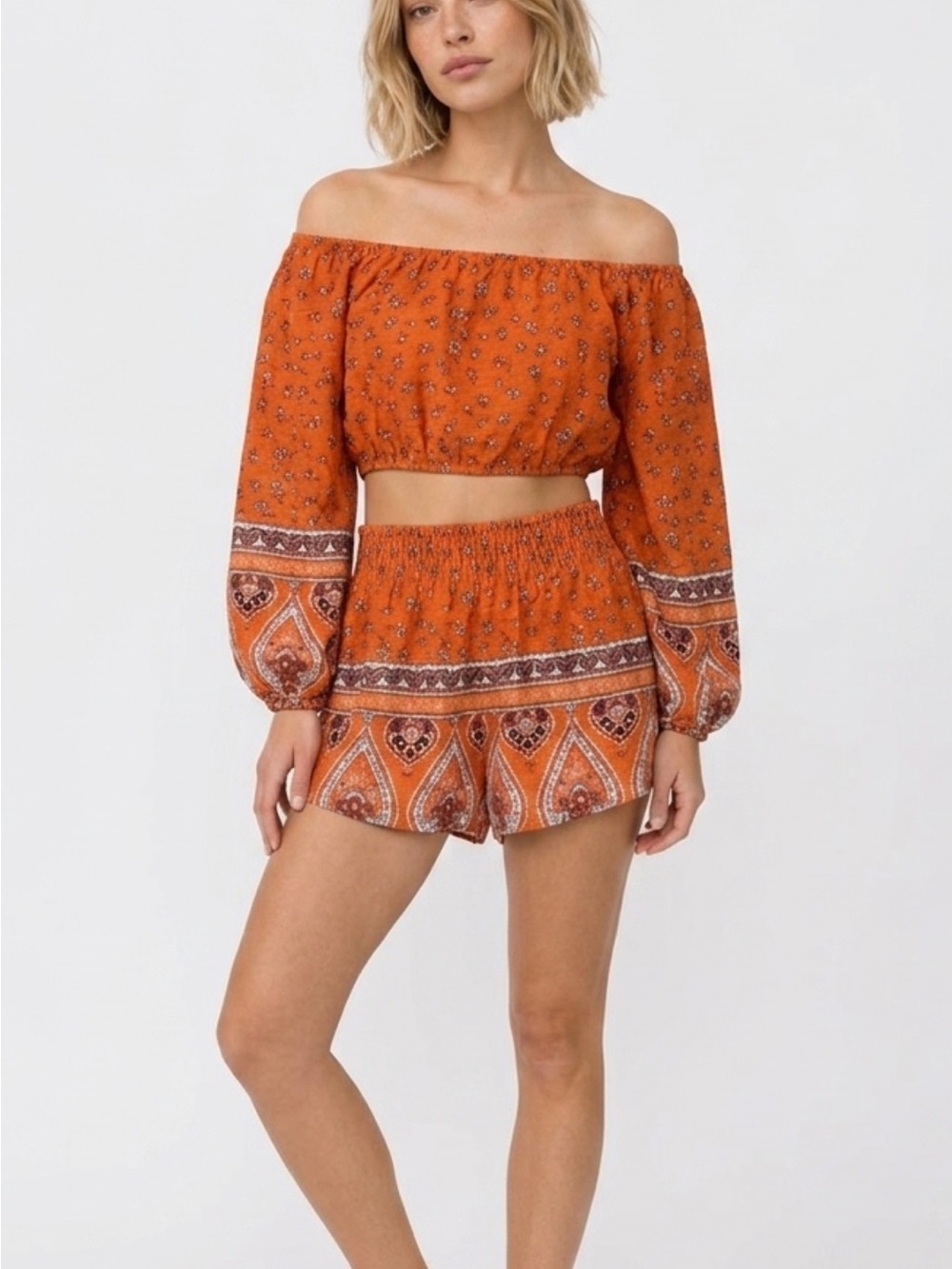 Vintage Boho Rust Orange Off-Shoulder Two-Piece Set